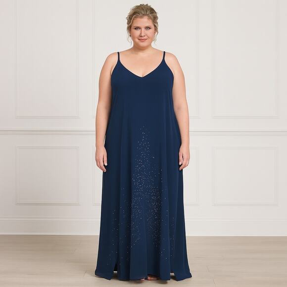 Catherines Navy Chiffon Strappy Embellished Beaded Maxi Dress Size 32W - Picture 1 of 5
